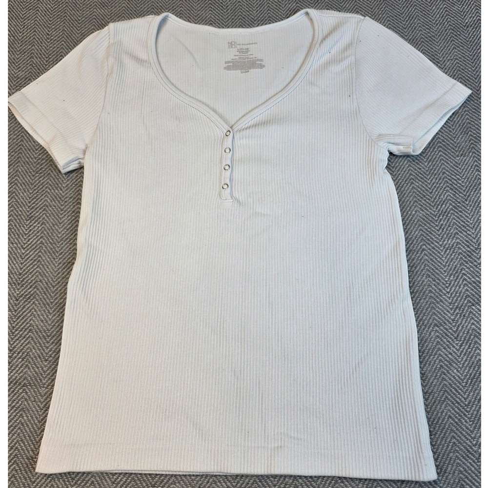 No Boundaries Womens White Ribbed Short Sleeve Henley Snap Neck Top Size L 11-13
